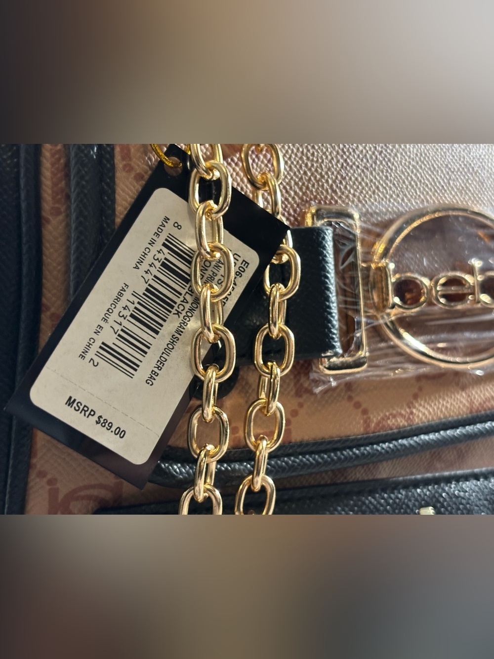 bebe Beige & Black Monogram Bag Shoulder or Crossbody with Gold Hardware - Picture 2 of 8